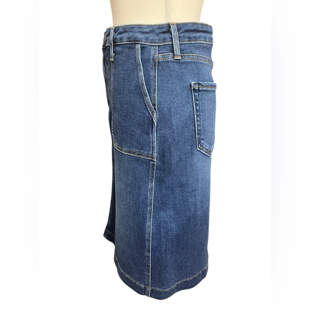 Just Black Denim Skirt Medium High Waist Stretch Knee Length Patch Pocket USA - Picture 3 of 8